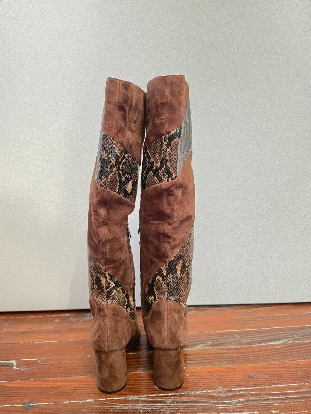 Sam Edelman Brown Suede Over-the-Knee Boots with Snake-Print Panels